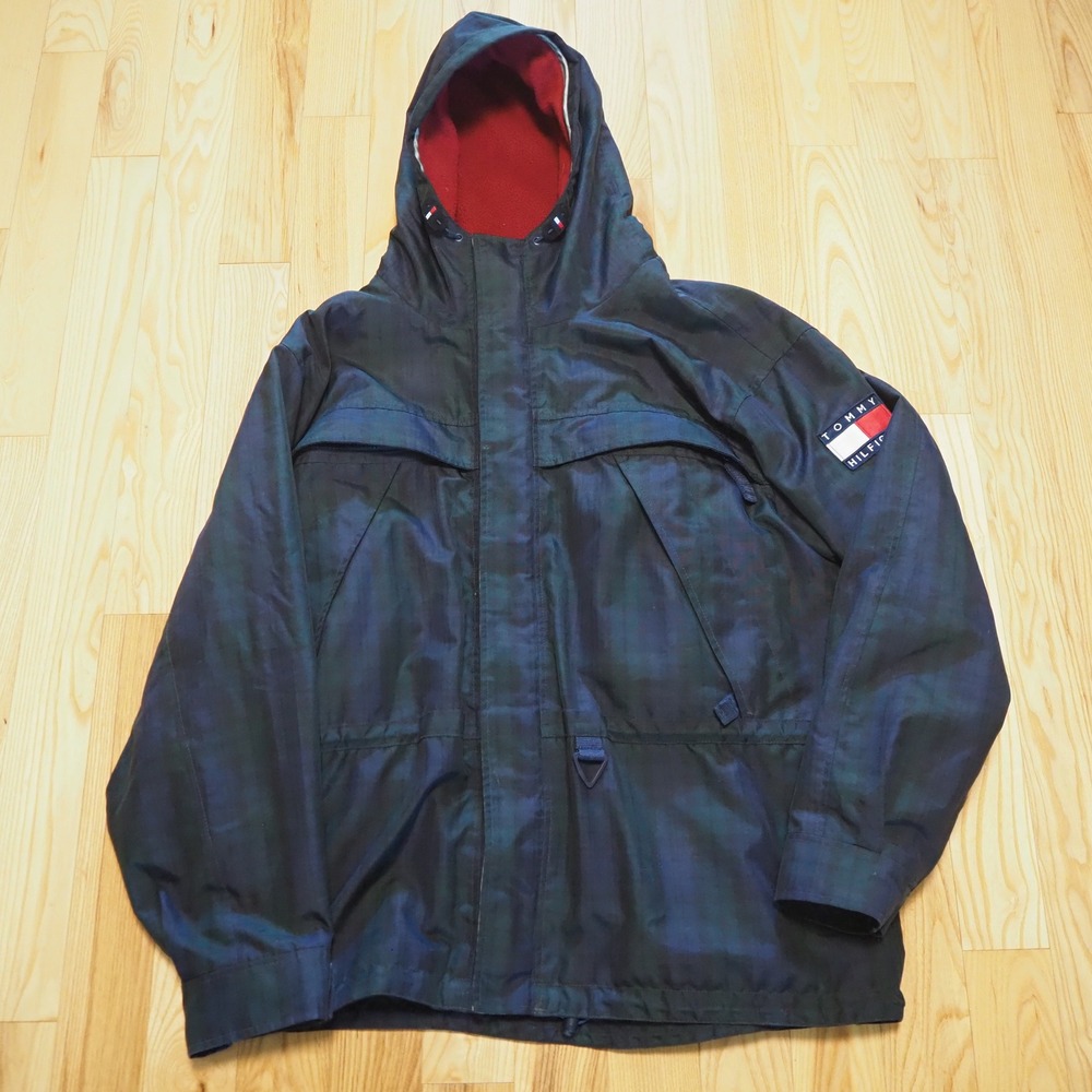 Vintage 90s Tommy Hilfiger Plaid Winter Jacket Mens XL Fleece Lined Black watch